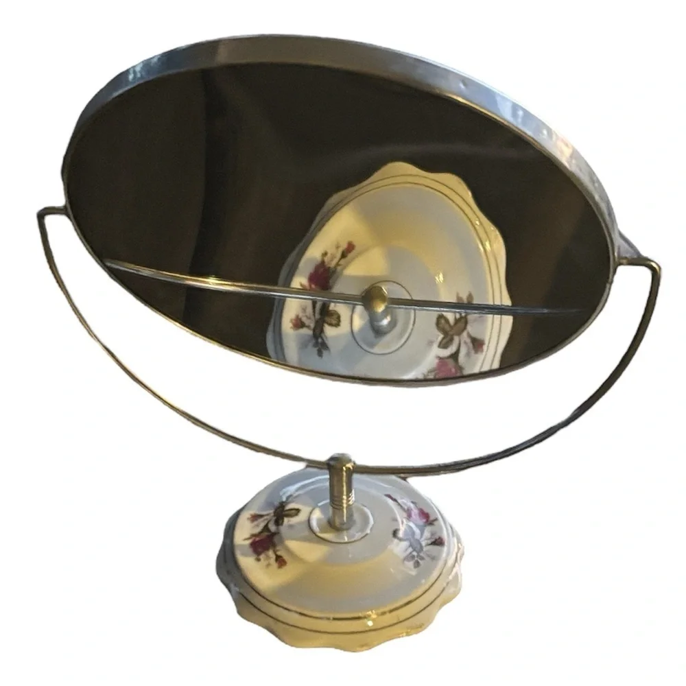 VTG Porcelain Base Double Sided Magnifying Vanity Make Up Mirror Roses Floral